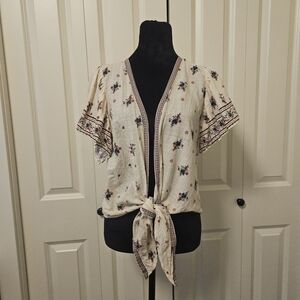 Max Studio Tie-front Blouse Boho Hippie Floral Travel Sz M - L Cream Ecru Red